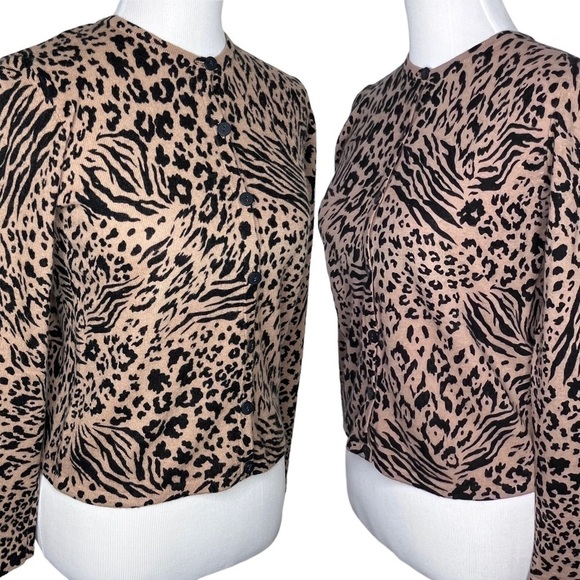 Nina Leonard Cheeta Print Cardigan Sweater Size S Lambswool Blend Lightweight - Picture 5 of 15